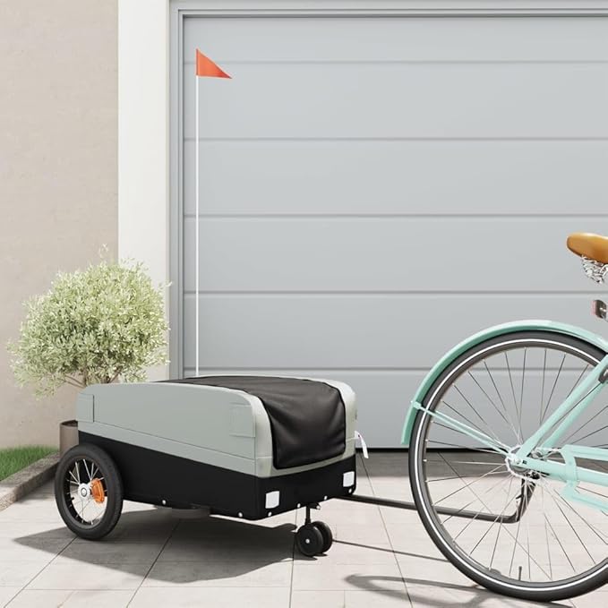 Bike Trailer Bicycle Cargo Trailer, Bike Wagon Trailer, Bike Cart with Safety Flag, Black and Gray 66.1 lb Iron, 48"x20.9"x20.9"