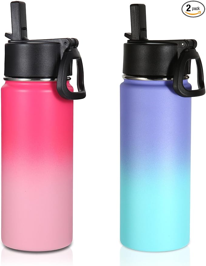 Volhoply 16 OZ Kids Water Bottle Bulk 2 Pack,Insulated Sports Bottles with Straw Lid,Stainless Steel Bottle with Handle Keep Cold&Hot,Double Wall Vacuum Tumbler Cups for School(Assorted, 2)