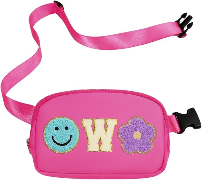 Fanny Pack for Girls Pink Kid Crossbody Bag Chenille W Letter Preppy Belt Bag, Christmas Birthday Easter Gifts for Teen Daughter Sister, Personalized Nylon Purse for 4 5 6 7 8 9 10 Year Old Girls