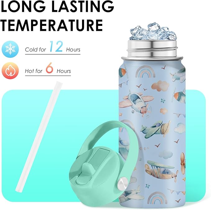 Airplane Gifts - 16oz Kids Blue Airplane Water Bottle with Straw Lid, Stainless Steel Insulated Tumbler, Leakproof, BPA-Free, for Boys, School, Travel - Helicopter Pilot Lovers Birthday Gift Cup (1pc)