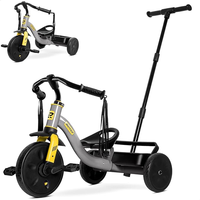 2-in-1 Tricycle for Toddlers Ages 1.5–3, Trike with Extended Push Handle, Removable Wagon-Style Basket, Adjustable Handlebar with Tassels, and Fore-AFT Adjustable Seat, Grey