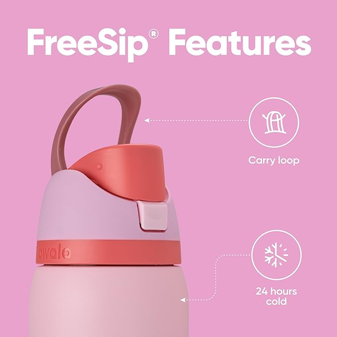 Owala FreeSip Insulated Stainless Steel Water Bottle with Straw for Sports and Travel, BPA-Free Sports Water Bottle, 32 oz, Pink, Angel Food Cake