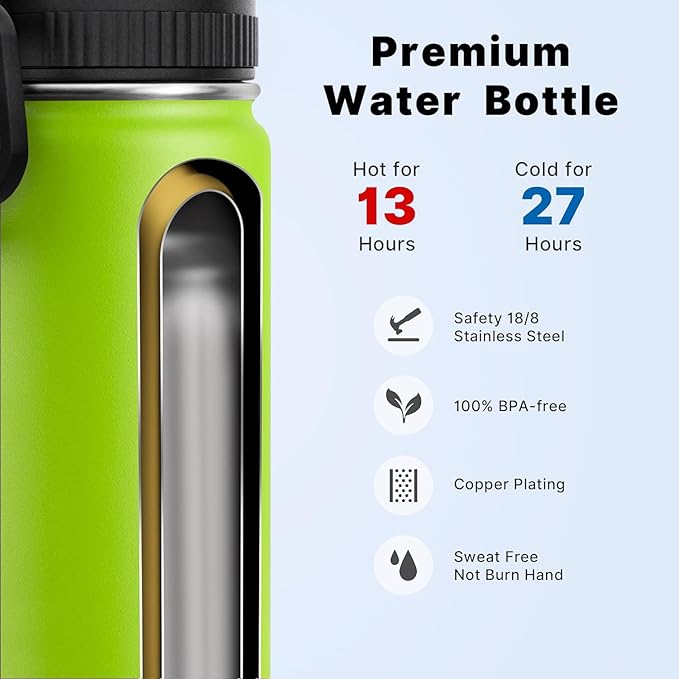 koodee Insulated Water Bottle, 18 oz Stainless Steel Double Wall Vacuum Wide Mouth Sport Bottle with Leakproof Spout Lid (Apple Green)