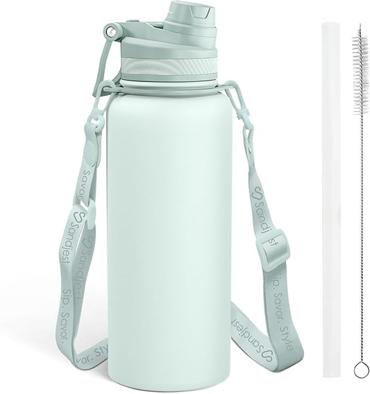 SANDJEST Stainless Steel Water Bottle with Strap 32oz, Insulated Bottles with Straw and Spout Lid for Gym Sports Travel Outdoor, Gifts for Women Girls Birthday Christmas (Green)