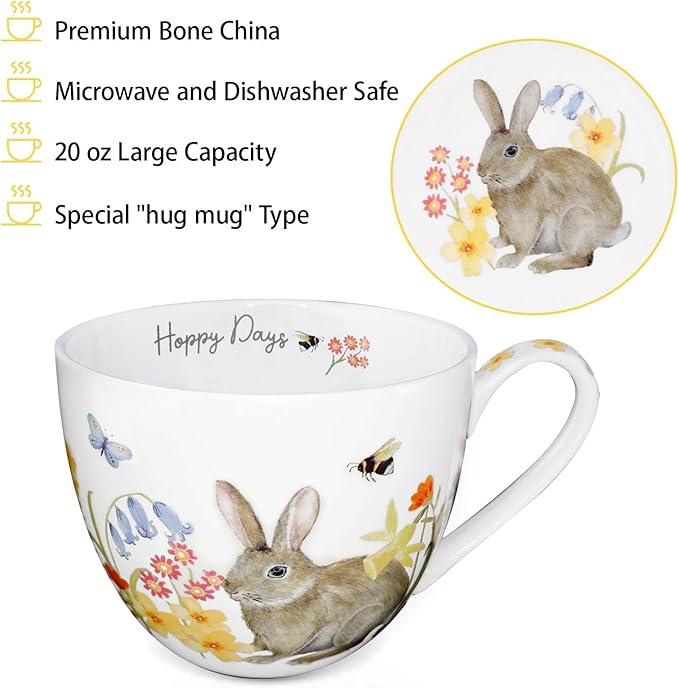 20 oz Rabbit Coffee Hug Mug, Spring Flowers & Happy Days Slogan, Premium Bone China Cute Bunny Mug, Perfect Birthday and Christmas Gift for Women, Designed in England by Harvest Green Studio