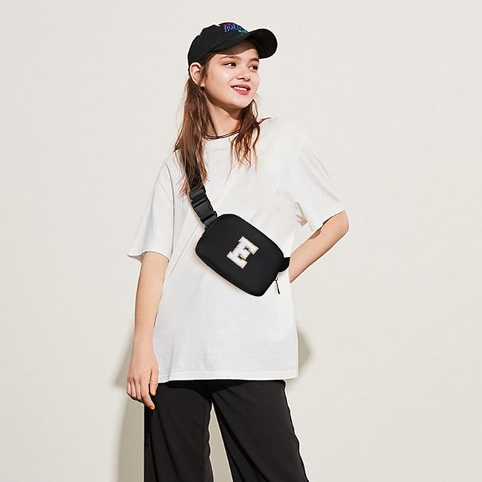 Gitus Birthday Gifts for 8 9 10 11 12 13 Year Old Girls Personalized Fanny Pack Crossbody Bags with Initial Letter Patch Belt Bag for Teen Girls Cute Trendy Stuff Travel Essentials (Black-E)