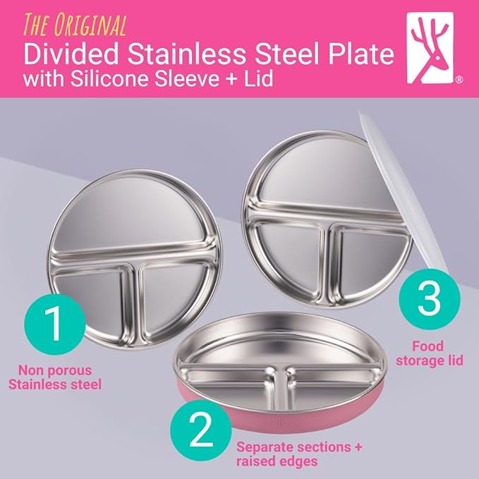 Stainless Steel Divided Plates + Silicone Sleeve and Storage Lid | Baby, Toddler, Kids | Dinner & Snack Plates | 4 Pack