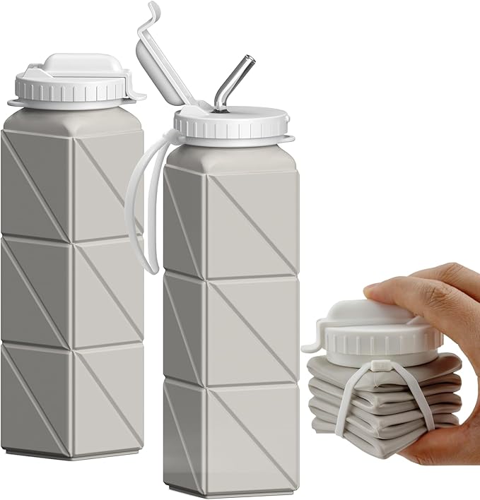 Collapsible Water Bottles with Straw 20.6oz, Silicone Foldable Portable Water Bottle, Lightweight Reusable Leakproof for Travel Camping Hiking Cycling Yoga Sports, 1 Pack (Starlight)