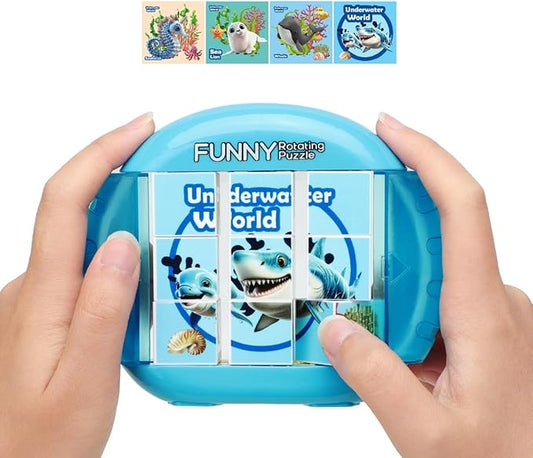 Rotating 3D Puzzle for Kids 3 4 5 6 7 Year Old, 4 Puzzles in 1, Handheld Game Fidget Toys for Travel, Cars & Plane, Fine Motor Skills Developing (Marine Life)
