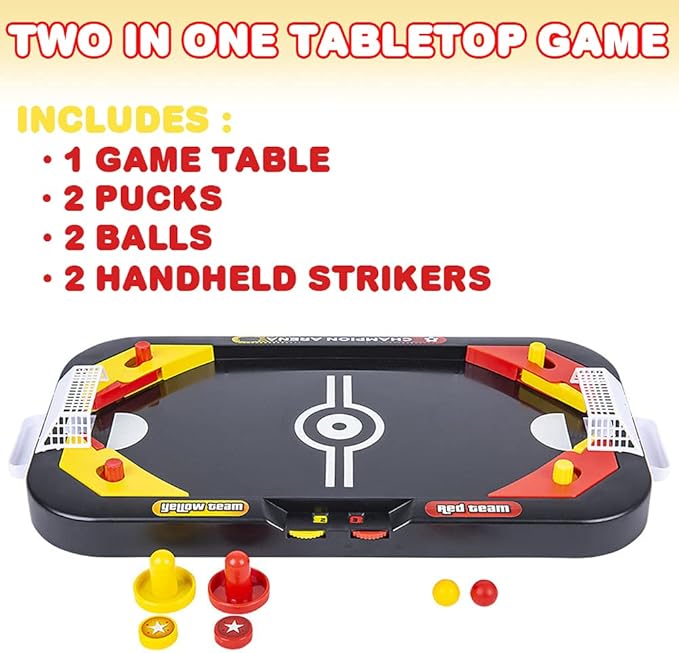 Gamie 2 in 1 Sports Table Games Mini Air Hockey Table for Kids, and Soccer Game for Indoor Fun, Includes Pucks, Balls, and Strikers, Air Hockey Fits on Table or Floor for Hours of Action-Packed Play