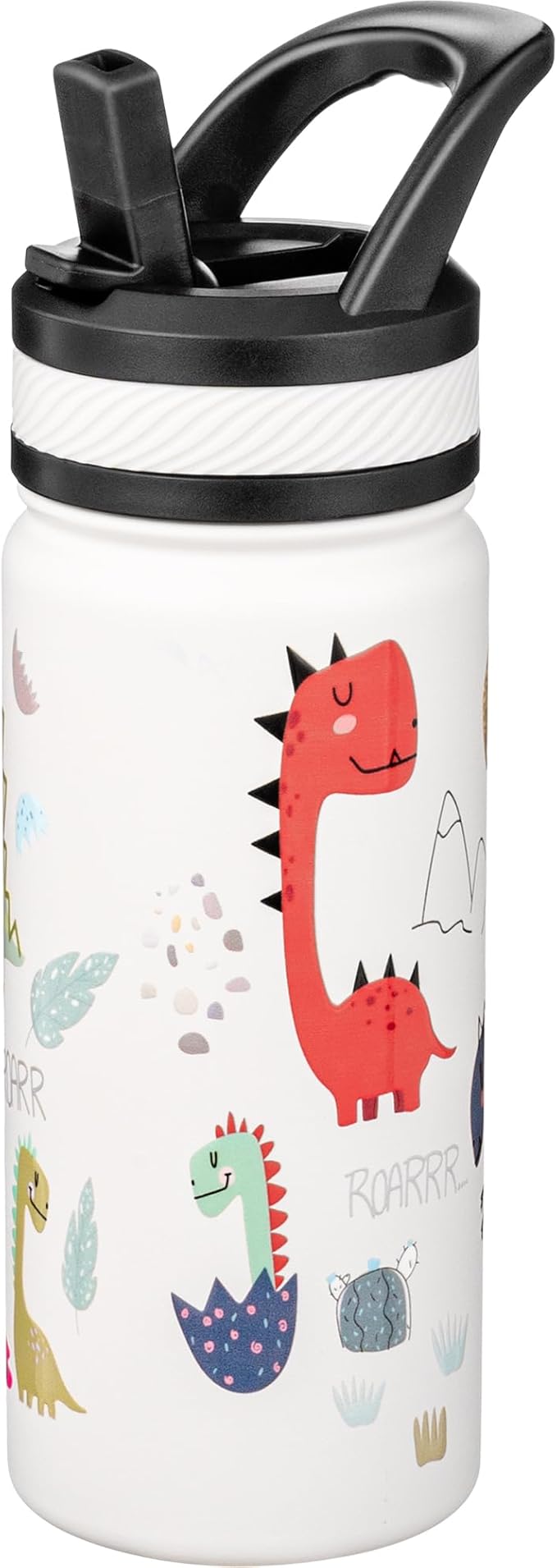 Fanhaw 18 Oz Kids Insulated Water Bottle with Straw - Stainless Steel Double Wall Vacuum Cup, Leakproof, BPA Free, Suitable for Boys and Girls(White - Cute Dinosaur)