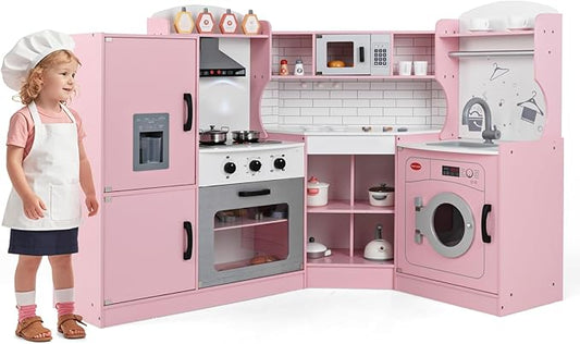 GLACER Corner Kids Kitchen Playset, Wooden Play Kitchen with Washing Machine, Ice Maker, Microwave, Oven, Sink & Facet, Pretend Toy Kitchen Set with Sounds & Lights for Toddler
