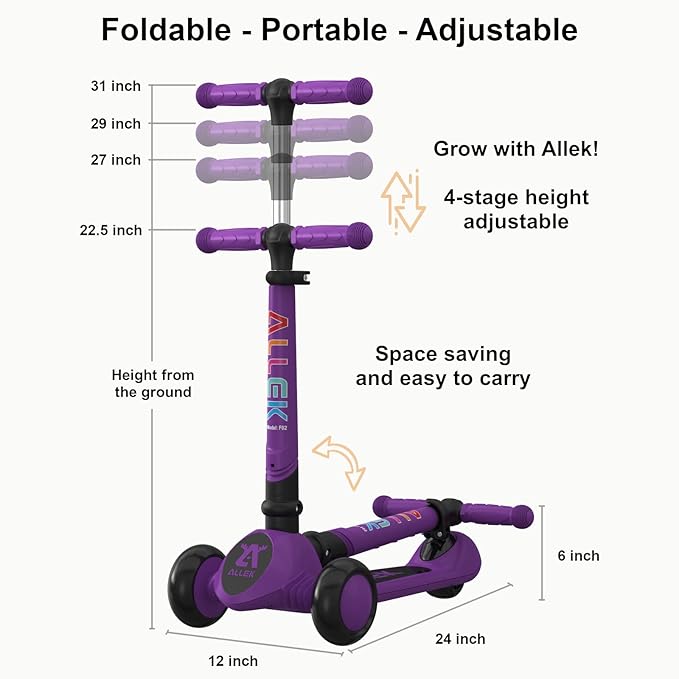 Allek Kick Scooter Foldable F02, 3-Wheel LED Flashing Glider and 4 Adjustable Height with Anti-Slip Thick Deck Push Scooter for Children 3-12yrs