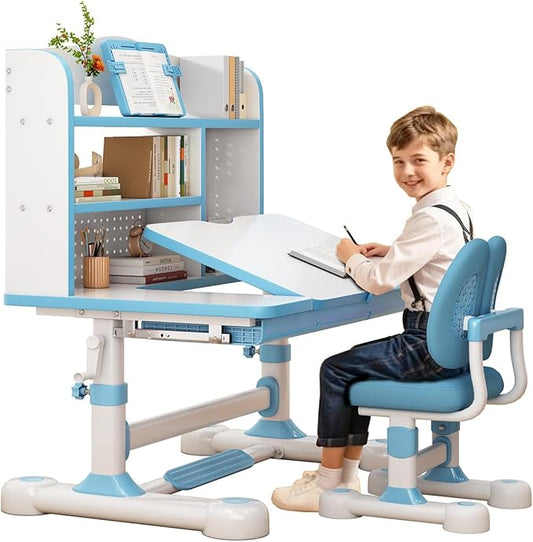 Kids Desk and Chair Set, Height Adjustable Study Table with Bookshelf & Storage Drawer, 0-50° Tiltable Desktop, Ergonomic Study Desk for Boys and Girls Ages 3-12 (Blue)