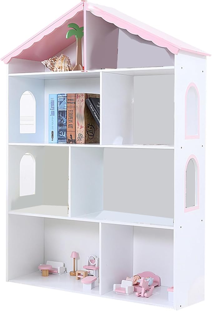 4-Tier Wooden Kids Bookcase, Toy Storage Organizer with Dollhouse Design, Multi-Functional Bookshelf with 4 Shelves for Bedroom Playroom, Easy Assembly for Boys & Girls