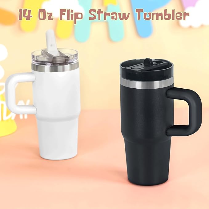 Cosictic 14 Oz Flip Straw Tumbler with Handle for Kids, Stainless Steel Double Wall Insulated Cup for Children with Flip Top Lid, 14 Oz Leak-proof Cups for Kids,Black