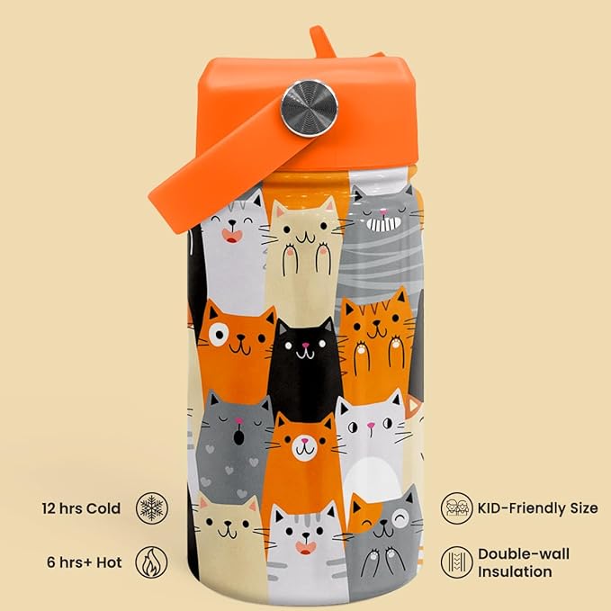 Cat Water Bottle - Kids Water Bottle with Straw Lid - 12 Oz Insulated Stainless Steel Water Bottles for Kid Boys Girl - Travel Cup for School Sports