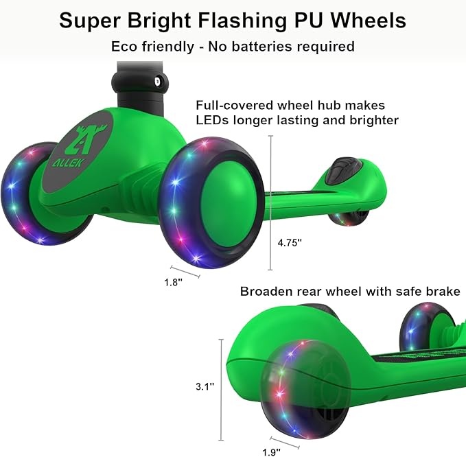 Allek Kick Scooter Foldable F02, 3-Wheel LED Flashing Glider and 4 Adjustable Height with Anti-Slip Thick Deck Push Scooter for Children 3-12yrs