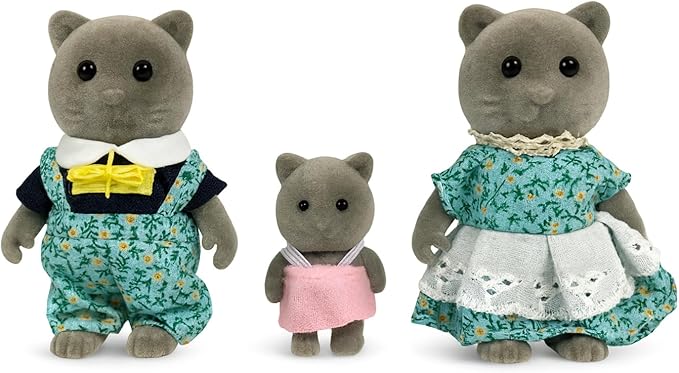 Family Gray Cat Figures — Set of 3 Collectible Flocked Mini Dolls with Removable Clothes, Miniature Dollhouse Pretend Play Figures for Kids Ages 3+