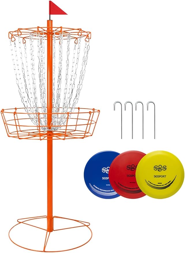 Disc Golf Basket - Portable Disc Golf Target with Heavy Duty 24-Chains Come with 6pcs Disc Golf Discs and Carry Bag, Ground Stake -Suitable for Players of All Levels - Multi Color Available