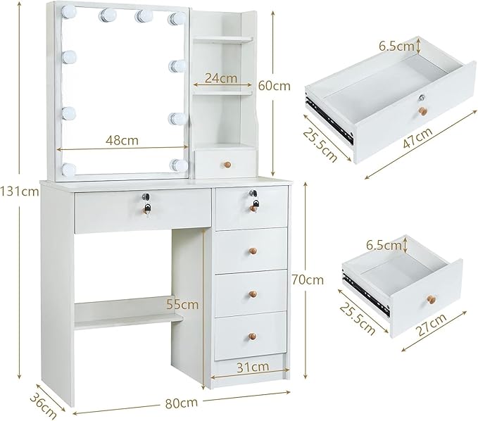 Makeup Vanity Set Dressing Table with Sliding Lighted Mirror and Lockable Drawers, Girls Vanity Set with Cushioned Stool and Hidden Shelves for Bedroom, Bedside. White