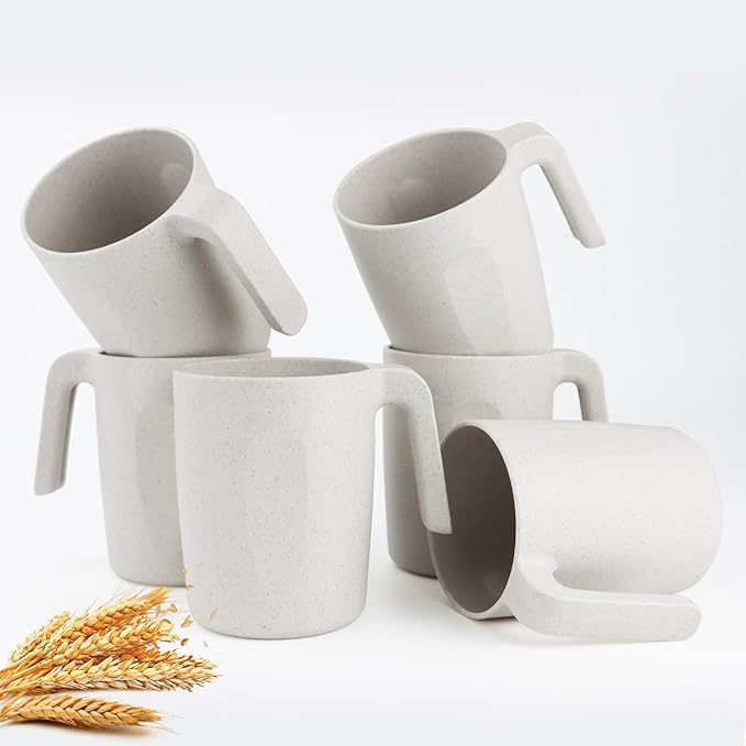 Wheat Straw Cups 16 OZ, Unbreakable Coffee Mugs Set of 6, Alternatives to Plastic Drinking Cups Reusable, Dishwasher Safe Tea Cups for Kitchen, Camping, Farmhouse - White