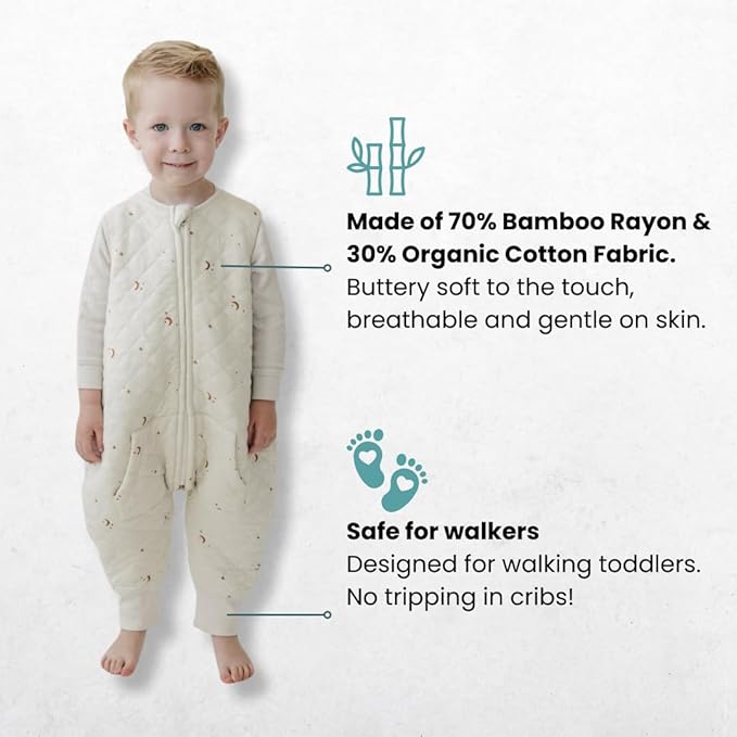 Tealbee Dreamsuit Toddler Sleep Sack with Feet – Walker Sleep Bag with Legs, Rayon made from Bamboo, All Season 1.2 TOG, 2-Way Zipper, 3T-4T - Moons&Stars