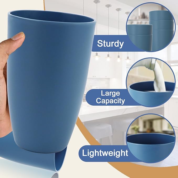 Wheat Straw Cups Large Drinking Cups Set of 6-20 OZ Large Capacity Plastic Tumblers Unbreakable Glasses Drinking Microwave and Dishwasher Safe Kitchen Water Glasses - Blue