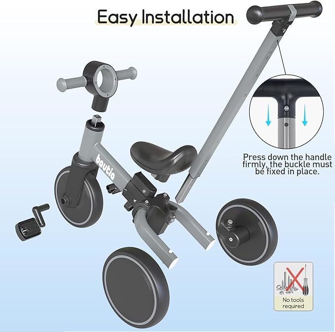 5 in 1 Kids Tricycle for Toddlers 1-3 Baby Balance Bike Toy for 1-4 Years Old Boys Girls Gift with Push Handle & Removable Pedals, Gray (No Parent Steering Version)