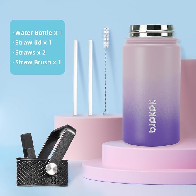 BJPKPK Water Bottle with Straw Lid, 15 oz Insulated Water Bottle, Stainless Steel Metal Water Bottles, Reusable Leak Proof BPA Free Thermo, Flask, Cups,Violet