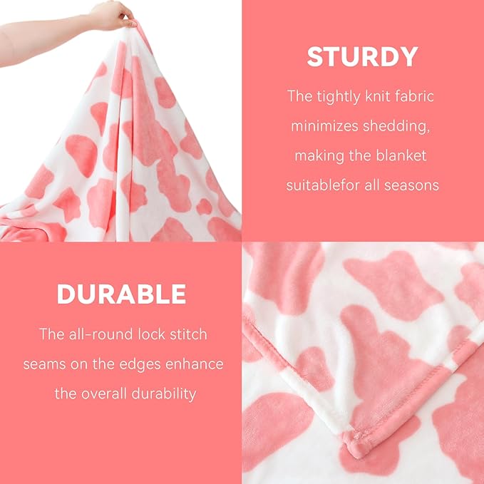 Pink Twin Fleece Blanket - Cozy Fuzzy Lightweight Cow Print Fleece Throw for Bed, Sofa, Room Decor -Soft Cow Gifts for Girls 60"x80"