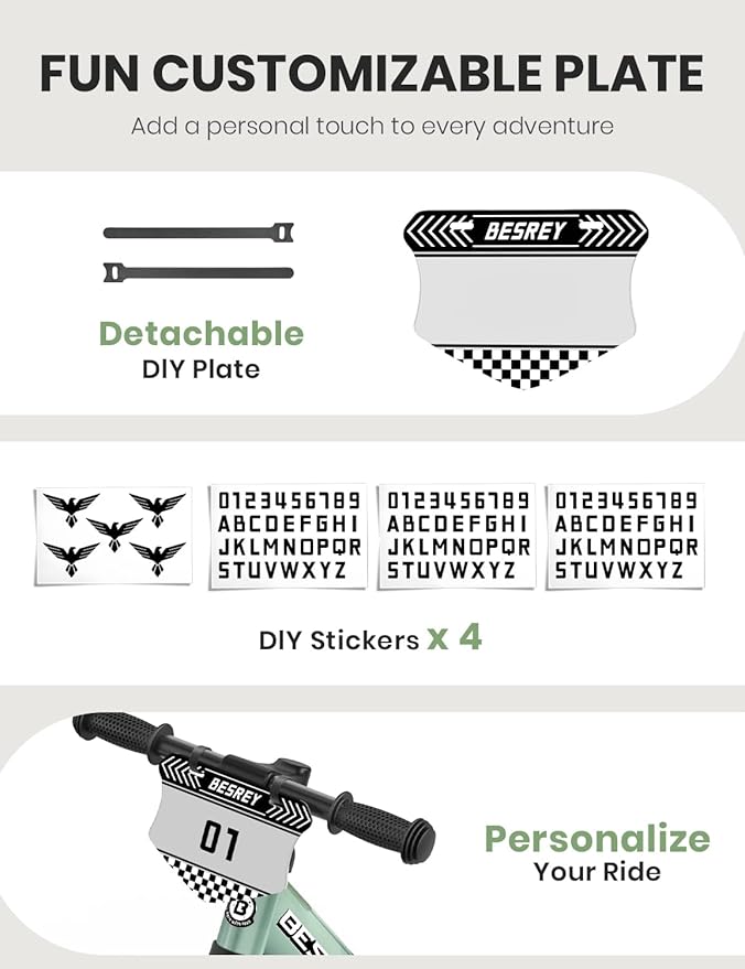 besrey Toddler Balance Bike 2 Year Old: All-Metal Frame & 12" Self-Lighting Wheels, Kids Bike with Adjustable Seat, Custom Plate w/Bonus 4 Sets of Stickers, Gift Bike for Boys Girls 2 3 4 5 Years Old