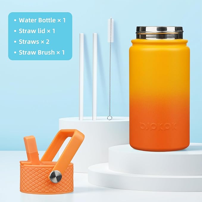 BJPKPK Insulated Water Bottle with Straw Lid, 15oz Cute Water Bottles, Stainless Steel Metal Thermo, Reusable BPA Free Leak Proof Tumblers, Cups,Sunset Orange