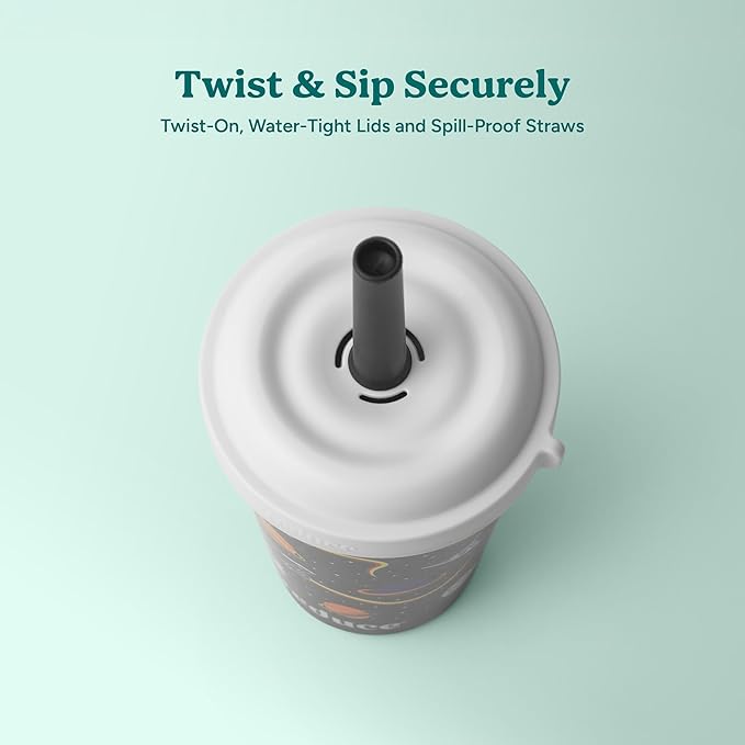 REDUCE GoGo's Kids Portable Tumbler Cups with Lids and Spill-Proof Straws - 5 Pack of Stackable 12 oz Tumblers with Twist-On Lids - Easy Storage, Dishwasher Safe - New Explorer