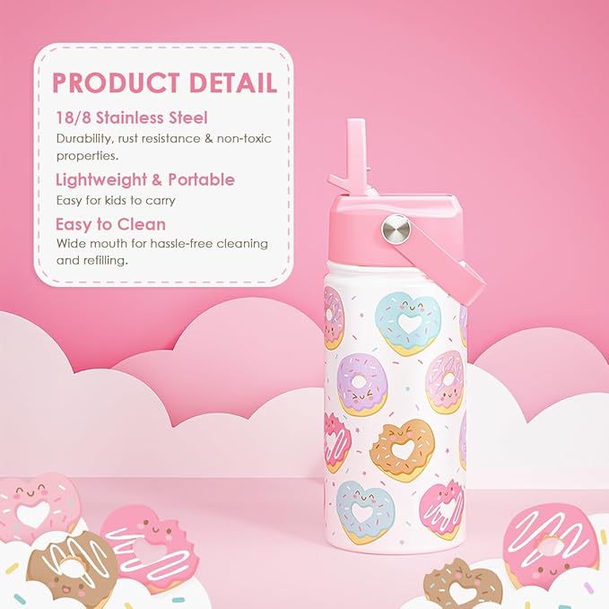 Donut Kids Water Bottle With Straw Lid 12oz Insulated Stainless Steel, Sprinkle Travel Tumbler, Gifts for Girls, Birthday, Christmas, Back To School