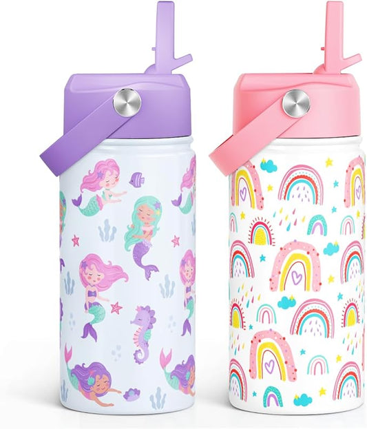 Kid Water Bottle 12oz with Straw Lid - 2-Pack Insulated Stainless Steel Water Bottles for Kids Girls - Travel Cup for School Sports, Rainbow & Mermaid