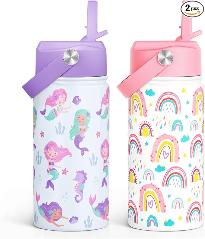 SANDJEST Kid Water Bottle 12oz with Straw Lid - 2-Pack Insulated Stainless Steel Water Bottles for Kids Girls - Travel Cup for School Sports, Rainbow & Mermaid