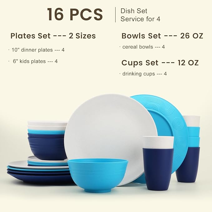 Homienly Premium Wheat Straw Dinnerware Sets, Plates and Bowls Sets,Cups,Alternative to Plastic Plates Service for 4, Dishwasher and Microwave Safe 16 PCS Dish Sets for Home,Camping - Island