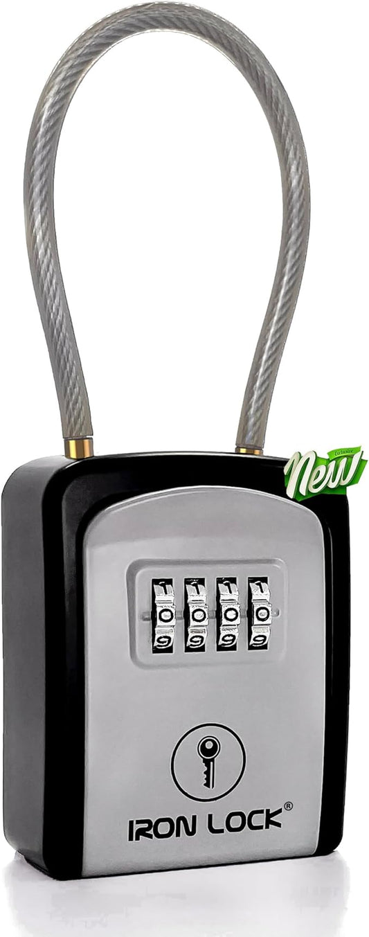 Iron Lock® Portable Key Lock Box with Removable Cable Shackle Indoor Outdoor Waterproof 4 Digit Combo Resettable Code with A B Switch Key Lockbox for Outside Spare Keys for Realtors (Small, Grey)