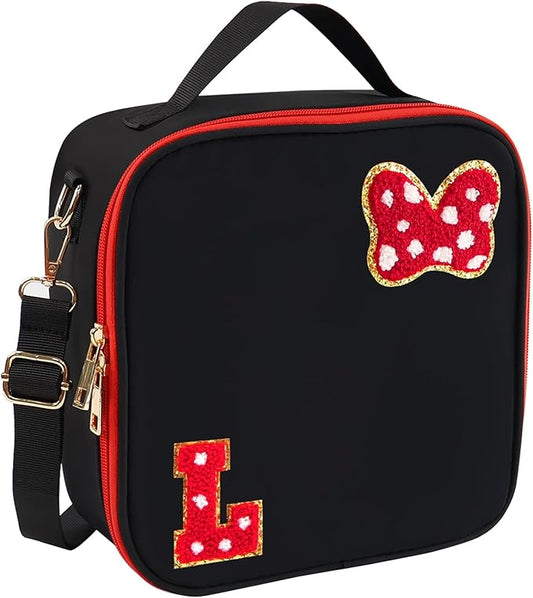 Preppy Initial Bow Mouse Lunch Bag, Kids Insulated Lunch Box Gifts for Teen Girls Daughter, Reusable Soft Lunch Containers Crossbody Cooler Bag Must Haves for Park Travel School Work Picnic Black L