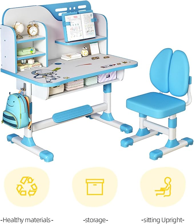 Kids Ergonomic Desk and Chair Set, Height Adjustable School Study Table with Bookshelf, Drawer and Spine Support Backrest, Kids Desk and Chair for Bedroom&Study Room (Blue)