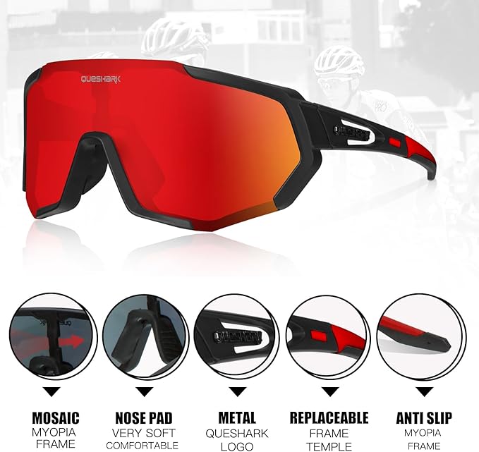 Queshark Cycling Glasses, Sports Sunglasses for Men Women, 1 Polarized 2 HD Lens, Polarized Sunglasses for Cycling Running