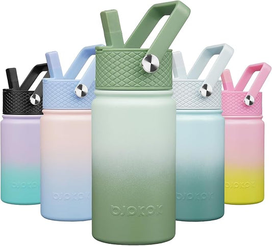 BJPKPK Insulated Water Bottle with Straw Lid, 15oz Cute Water Bottles, Stainless Steel Metal Thermo, Reusable BPA Free Leak Proof Tumblers, Cups,Forest Green