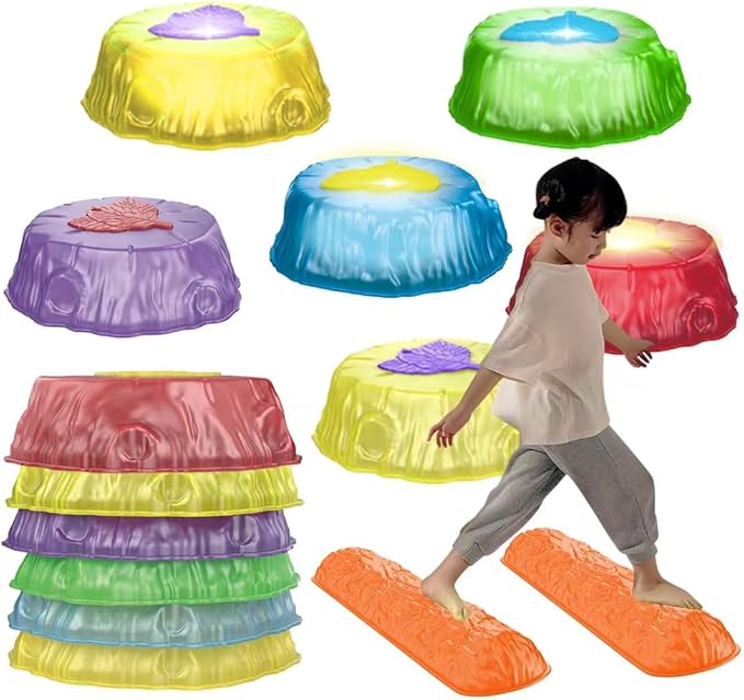 Stepping Stones for Kids, 8pcs Light Up Non-Slip Balance River Jumping Stones, Indoor & Outdoor Toys, Preschool Obstacle Course/ Sensory Fitness Equipment / Gross Motor Toys for Toddlers 3 4 5 6