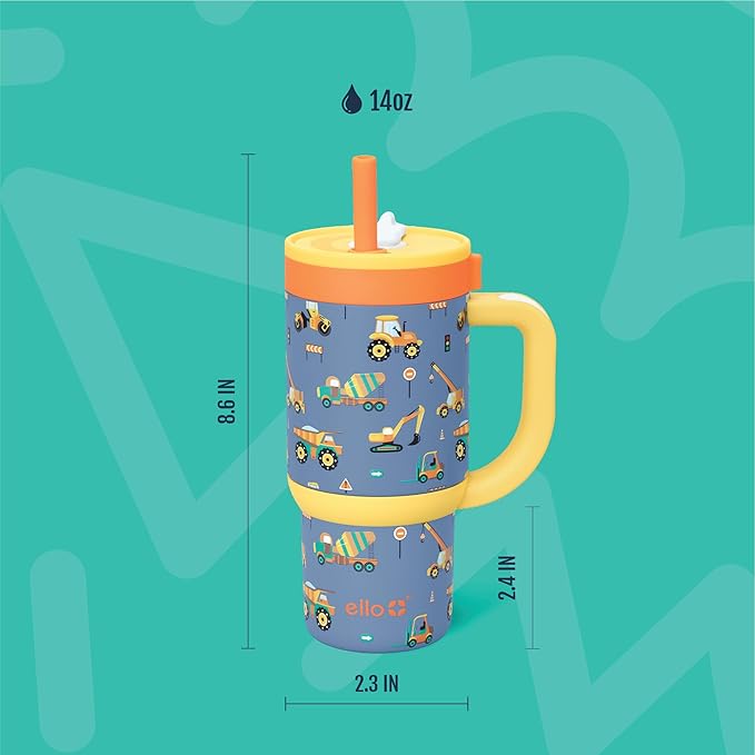 Ello Oasis 14oz Stainless Steel Toddler Tumbler with Handle & Retracting Straw, 100% Leakproof, Double-Wall Vacuum Insulated, Kids Water Bottle for School, BPA Free, Dishwasher Safe, Construction
