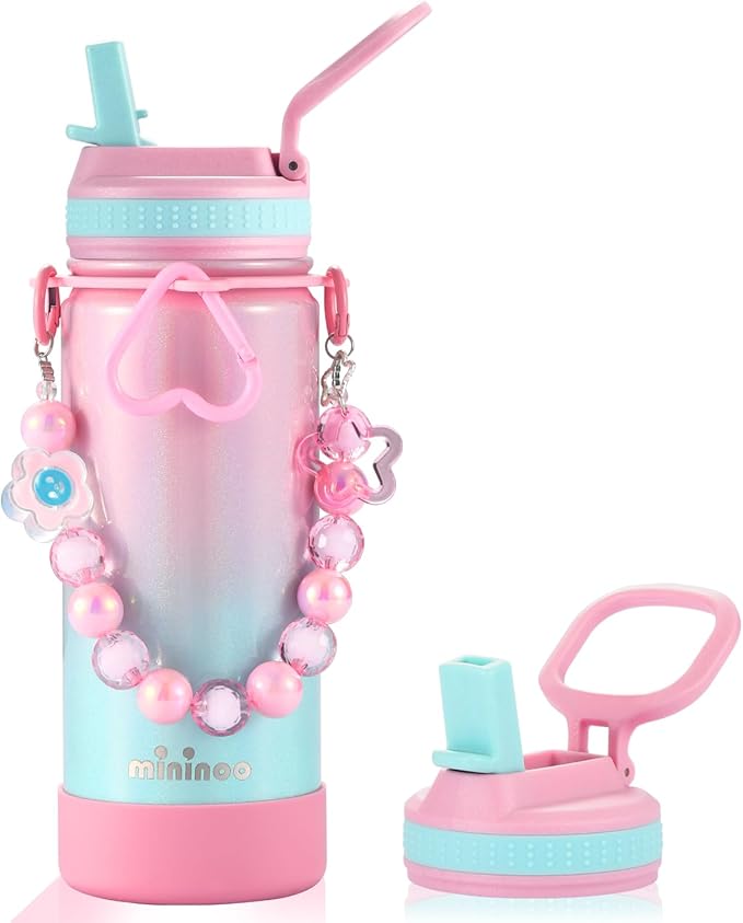 Mininoo Kids Water Bottle for School - 16 oz Stainless Steel Insulated Water Bottle with Ceramic-Lined, Leakproof Straw Lid & Beaded Handle for Girls & Boys