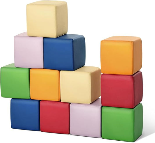 Foam Building Blocks for Toddlers：12-Pieces Wipeable Leather Stacking Cubes Kids - Large Soft Toys Play Set for Learning Construction Baby Preschool Daycare Therapy Birthday Gift (Rainbow)