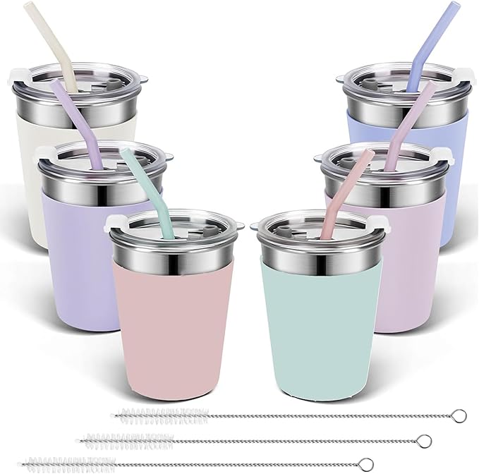 Yummy Sam 6PCS Kids Stainless Steel Cups with Lids, 12oz Spill Metal Tumblers Proof With Silicone Straws, Unbreakable Toddle Cups with Full Wrapped Anti-Scald Sleeves for Cold Drinks