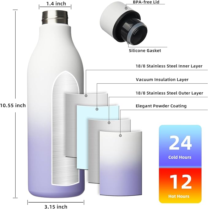 BJPKPK Insulated Water Bottles, 25 oz Stainless Steel Metal Water Bottle with Strap, BPA Free Leak Proof Thermos, Mugs, Flasks, Reusable Water Bottle for Sports & Travel, Lilac Elegance