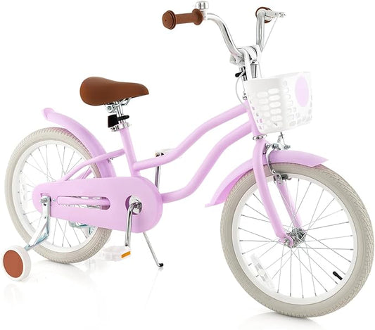 COSTWAY Kids Bike, 12 14 16 18 Inch Toddler Bike Children Bicycle w/Training Wheels, Hand & Coaster Brakes, Adjustable Saddle & Handlebar, Basket, Bell, Kids Bicycle for Girls Boys Aged 3-8 Years Old